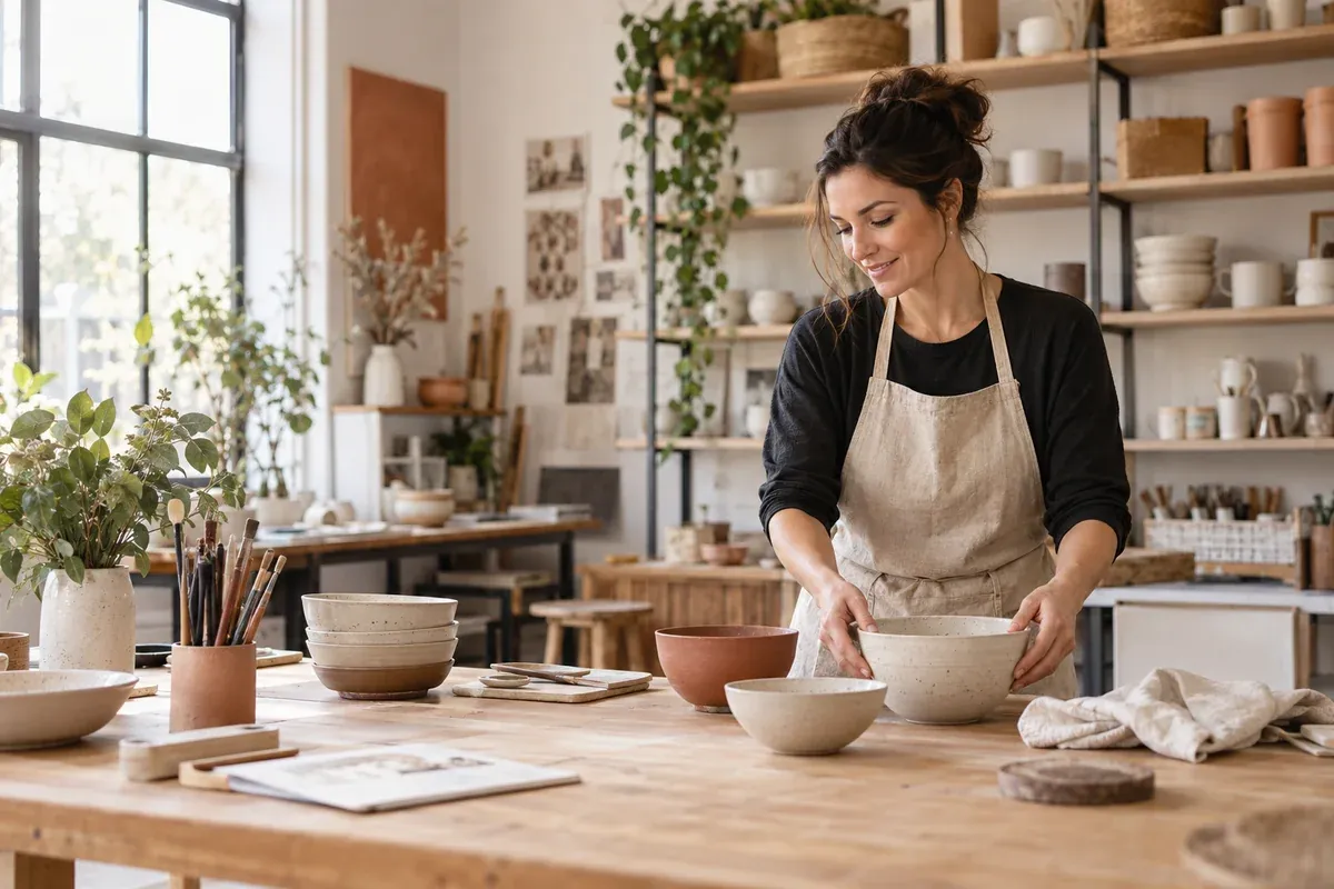 Właścicielka pracowni ceramicznej przygotowuje materiały na warsztaty